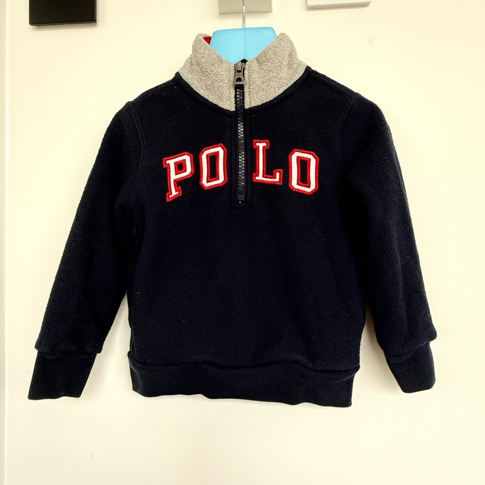 Polo by Ralph Lauren Navy Fleece Half-Zip with Gray Collar and Red Lettering